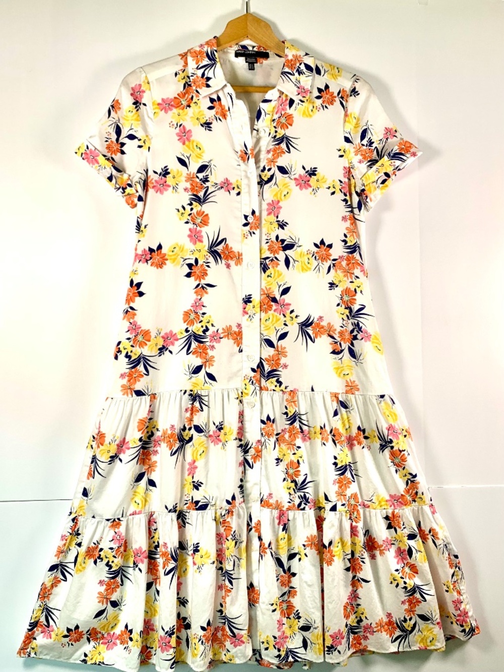 Maggie London floral ruffled maxi sundress pink yellow button down short sleeves